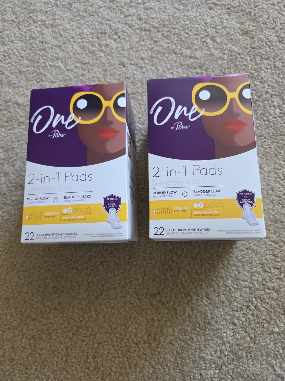 One by Poise 2-in-1 Incontinence Pads, Regular Absorbency, Ultra Thin - 2 Boxes